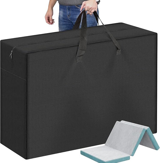 Foldable Mattress Storage Bag, 55"x13"x26" Portable Waterproof Carry Case for Trifold Memory Foam Full Folding Mattress, 600D Oxford Heavy Duty Camping Cots Bag, Black