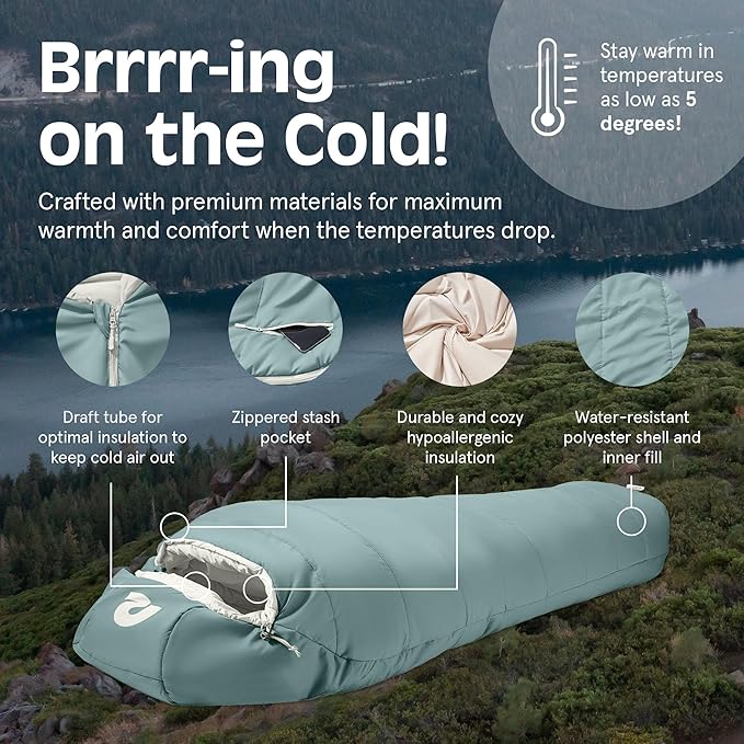 Retrospec Dream Mummy Sleeping Bag - 30°F Camping & Travel Essential Gear with Water - Resistant Shell & Synthetic Fill - Zippered Pocket & Stuff Sack