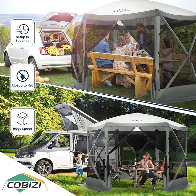 COBIZI Pop Up Gazebo Screen Tent Screen House for Camping, 12x12 Screen Room with Mosquito Netting, Hub Tent Instant Screened Canopy with Carrying Bag and Ground Stakes, Gray
