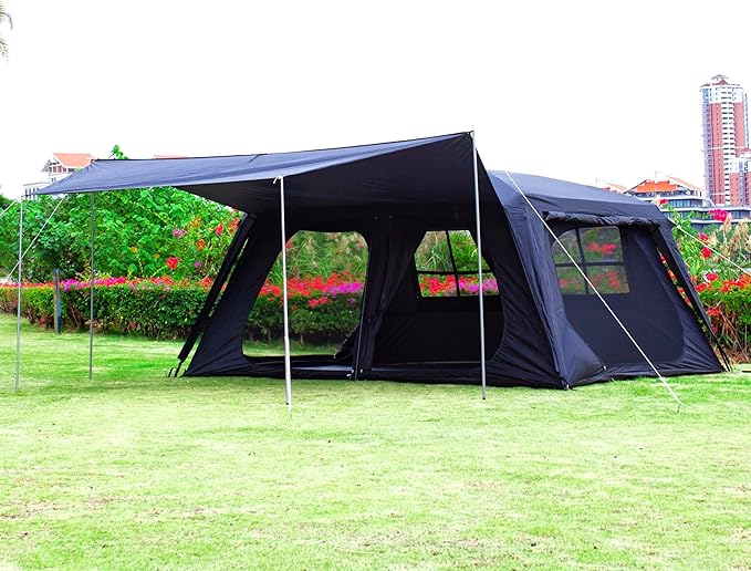KTT Extra Large Tent 12 Person(A),Awning Family Cabin Tents,2 Rooms,4 Doors and 4 Windows with Mesh,Straight Wall,Waterproof,Double Layer,Big Tent for Outdoor,Picnic,Camping,Family Gathering。