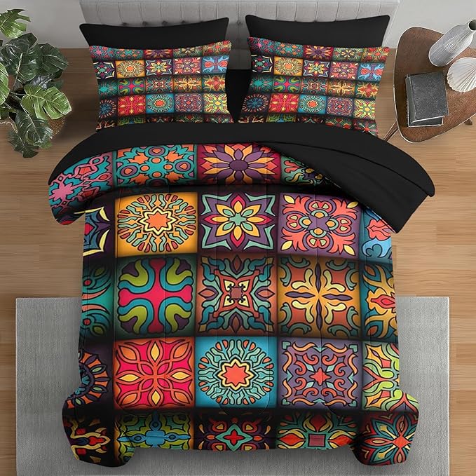 5 Pcs Comforter Set Twin Size, Colorful Mandala Floral Vintage Bedding for Kids and Adults, Bohemian Flower Bed Sheet Sets with Fitted Sheet Pillowcase & Sham for Bedroom Bed Decor