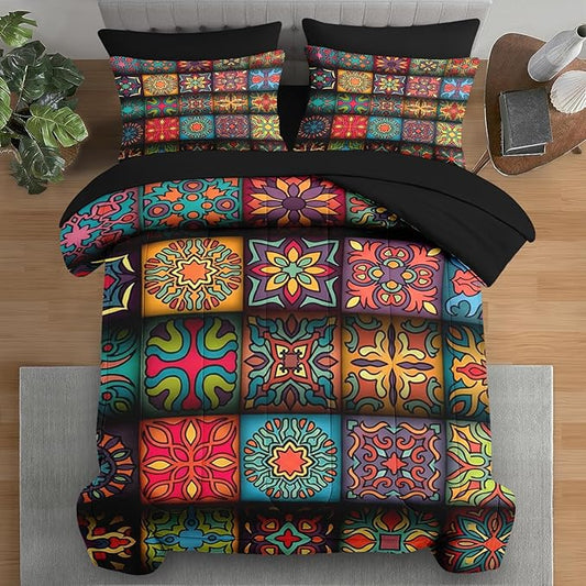 Comforter Set Full Size, Mexico Colorful Mandala Vintage 7 Pcs Bedding for Kids and Adults, Bohemian Flower Bed Sheet Sets with Fitted Sheet 2 Pillowcases & 2 Shams for Bedroom Bed Decor