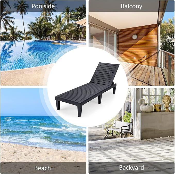 Tangkula Outdoor Chaise Lounge Chair, Lightweight Patio Lounge Recliner Chair with Adjustable Backrest, 5 Reclining Positions Chaise Lounger for Patio, Beach, Balcony, Poolside, Backyard (2, Black)