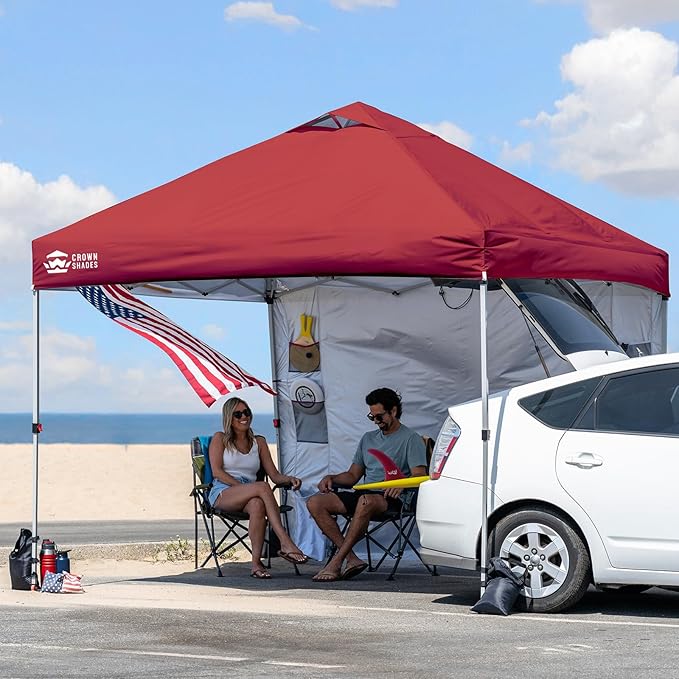 CROWN SHADES Canopy Tent 10x10 Pop Up Canopy Outdoor Shade with Pockets Sidewall, Easy Up Sun Shelter with One Person Set Up Center Lock, Portable Instant Camping Beach Canopy Tents, Red