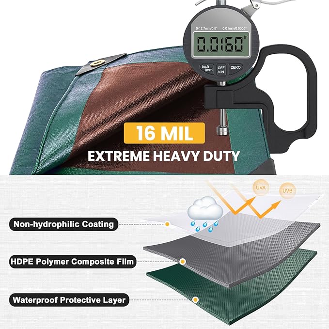 Tarp 12x16 Feet 16 Mil Heavy Duty Waterproof Tarp, Large Multipurpose Cover with Brass Grommets and Reinforced Edges, UV Resistant Thick Poly Tarps for Outdoor Camping Tent Pool Car, Green