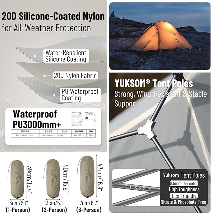 Naturehike Cloud up Pro Camping Tent, 1/2/3 Person Ultralight Tents, 3 Season Backpacking Tent, Waterproof for One Man, Self-Standing Easy Setup for Cycling, Outdoor Camp