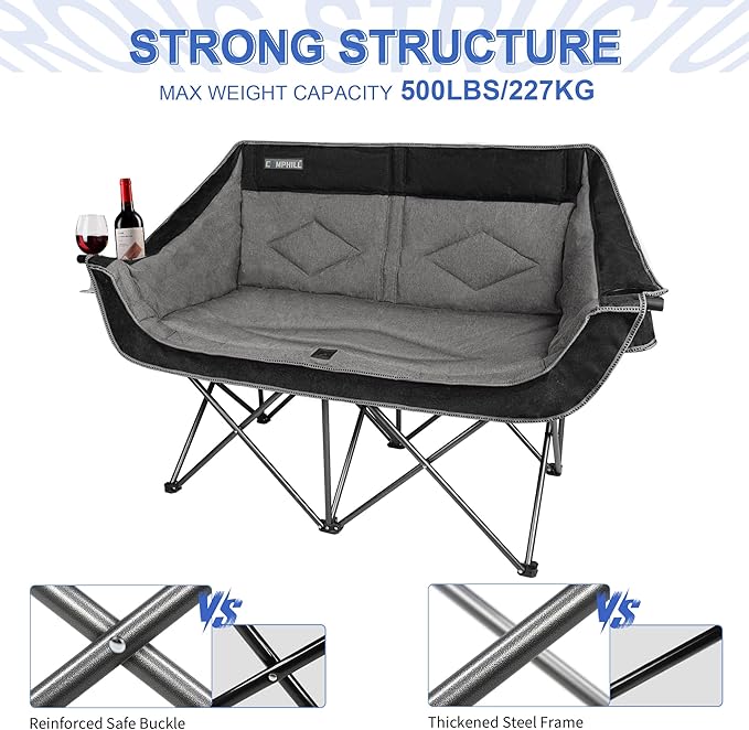 Oversized Double Camping Chair-Heavy Duty 2 Person Folding Loveseat Camp Couch for Adults,Portable Outdoor Lawn Chairs with Padded Seat for Fishing,Sports and Patio,Supports 500 LBS,Black