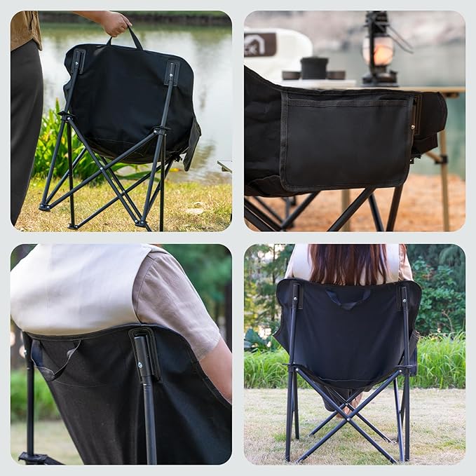 Folding Camping Chairs, Portable Moon Chair Support Up to 330Lbs with Carry Bag, Lightweight Foldable Outdoor Chair with Cup Holder, Black