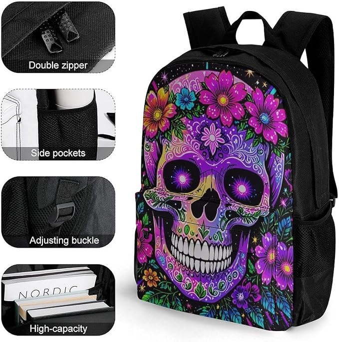 Rucksack Multipurpose Anti-Theft Big Capacity Shoulder Bag, Sugar Skull Flower Feathers Art Travel Hiking Camping Rucksack With Side Pockets