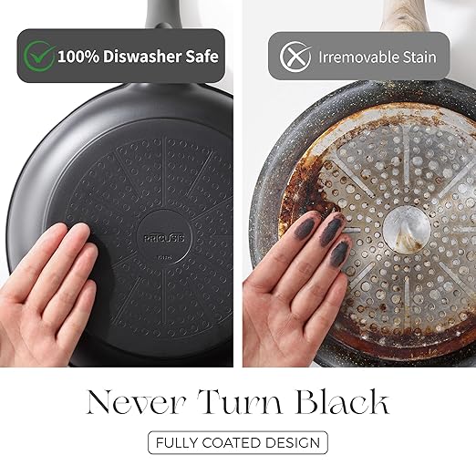 PRICUSIS Nonstick Frying Pan, 8/10/12 Inch Skillet with Stay Cool Handle, Fully Coated, Induction Compatible & Oven Safe, 100% Dishwasher Safe, PTFE & PFOA Free（12 Inch, Black Sesame）