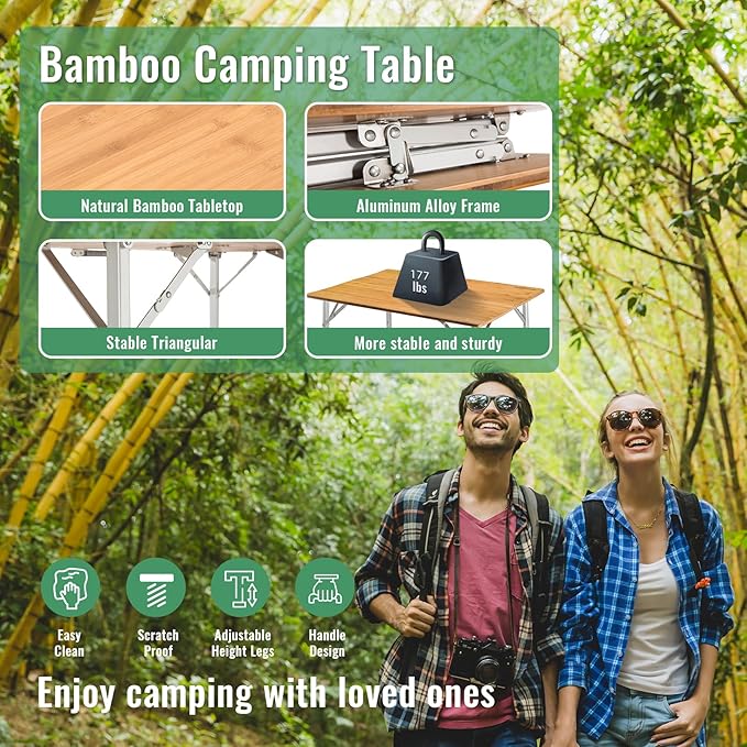 KingCamp Bamboo Folding Table, Camping Outdoor Portable Camp Table with Adjustable Height legs & Carry Bag for Outdoor RV Backyard Picnic Tailgating Beach