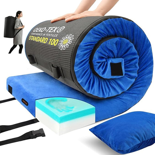 Memory Foam Camping Mattress pad, Sleeping Mat for Adults with Non-Slip Bottom, Portable Roll Up Mattress, Cot Pad for Car Camping(Twin XL, Blue)
