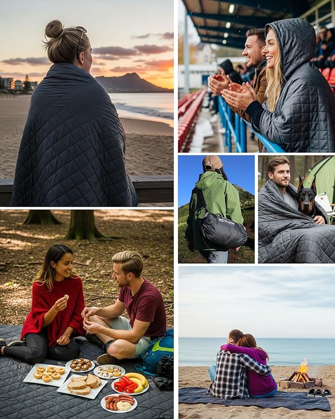 DUKUSEEK Large Waterproof Camping Blanket, Cold Weather Warm Fleece Blankets Windproof Triple Layers for Stadium,Camping, Concerts, Car, Dog