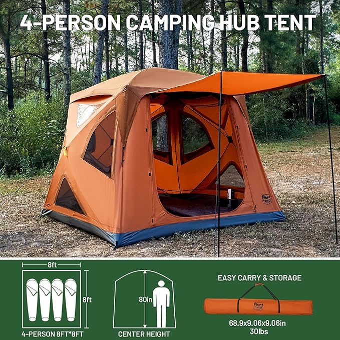 TIMBER RIDGE Camping Tent, 4 Person Instant Pop Up Hub Tent with 8 Windows, Easy 60 Second Setup, Weather Resistant Family Cabin Tents with Rain Fly for Camping, Hiking, Outdoor Travel