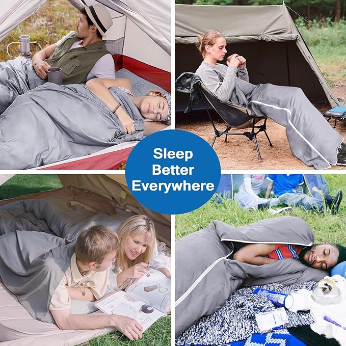 Sleeping Bag Liners with 2 Way Zipper, Adult Sleep Sack Travel Sheets for Hotel/Hostels/Business Trips, Lightweight Single Camping Sheet Sleep Bag Liner Warm & Cold Weather, Gray