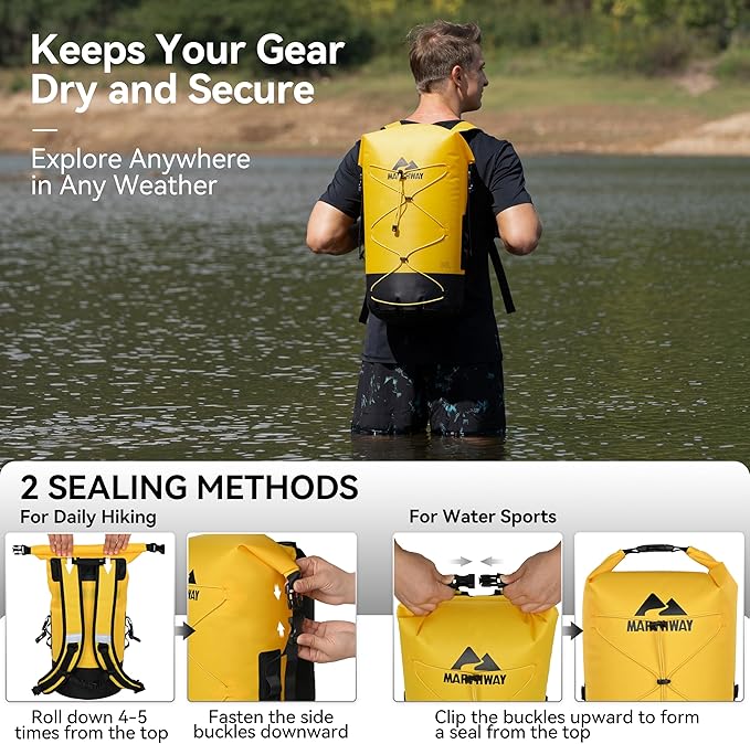 MARCHWAY Floating Roll Top Dry Bag, Flexible Lightweight TPU Waterproof Backpack 20L/30L/40L with Padded Straps for Boating, Kayaking, Swimming, Hiking, Beach (Yellow, 40L)