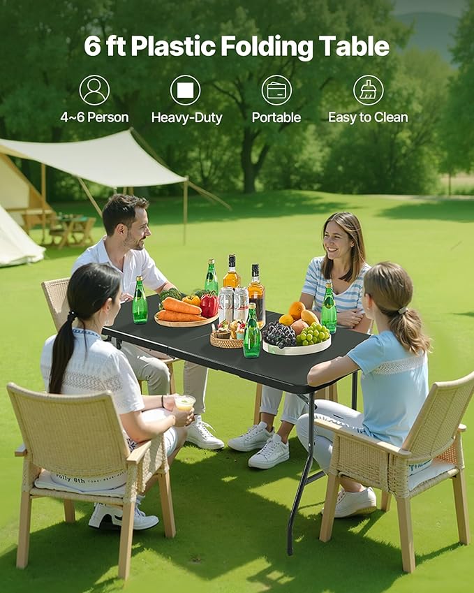 VEVOR Folding Table, 6 Ft Heavy Duty Portable Fold-in-Half Utility Table, Indoor Outdoor Plastic Rectangle Table with Built in Handle, for Party, Dining, Wedding, Events, Picnic, Camping, Black