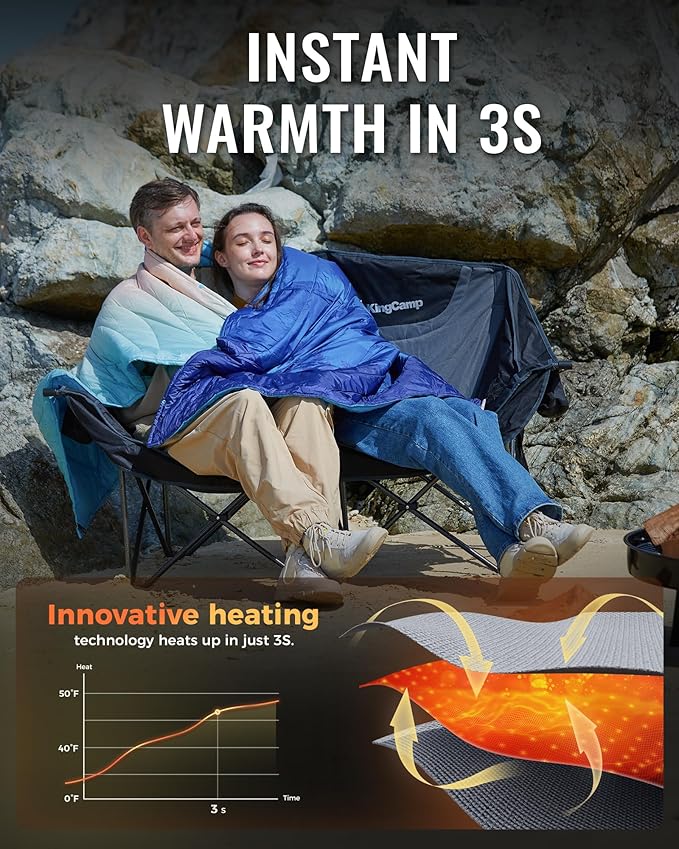 KingCamp Heated Double Camping Chair, Oversized 660lbs Heavy Duty Loveseat for Adults Portable Folding XL 2 Person Couch Padded Comfortable with 3 Heat Levels for Outdoor Sports Lawn, Black/Grey