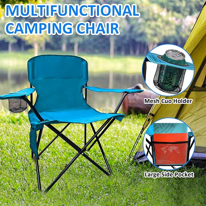 Folding Camping Chair, 225lb Capacity, Includes Cup Holder & Side Storage Bag, 5.5lbs Portable for Beach, Camping, Sport,2PCS Blue