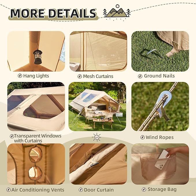 YOLENY Inflatable Tents for Camping, 6-12 Person Blow Up Tent with TPU Skylight, Canopy, Mesh Windows, Stove Jack & Pump, 4 Season Large Inflatable Tent, Waterproof & Windproof