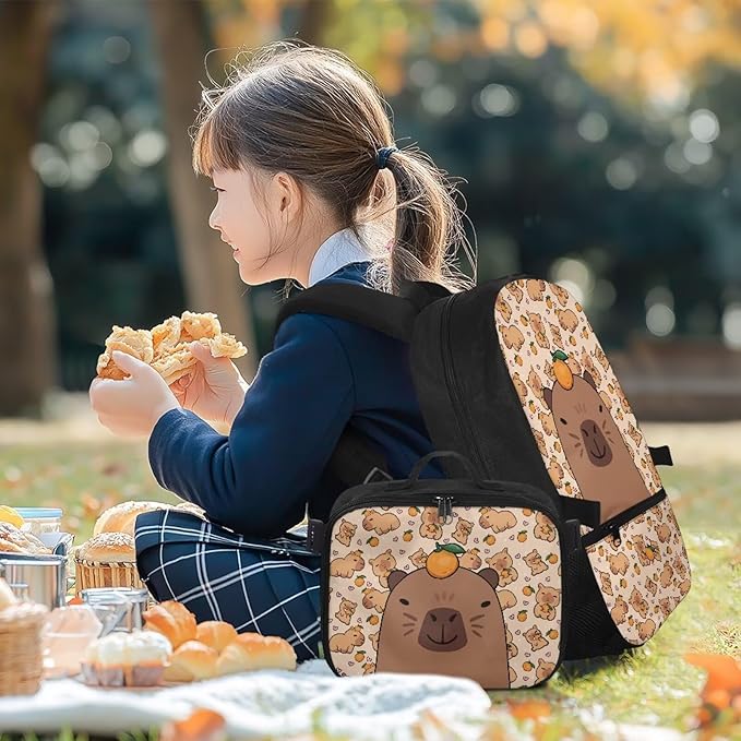 HUGS IDEA Orange Capybara School Backpack for Girls 8-10 with Lunchbox Backpacks for Elementary Students School Bag Large Capacity School Book Bag for Kids Casual Travel Daycare