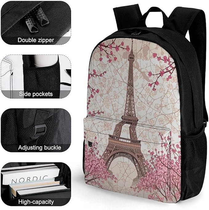 Supdreamc Daypack Anti-Theft Multipurpose Large Capacity Shoulder Bag, Paris Eiffel Tower With Pink Cherry Flower Blossom Travel Hiking Camping Rucksack With Smooth Zippers
