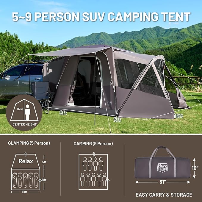 TIMBER RIDGE 5-9 Person SUV Tent with Screen Porch and Awning for Family Camping, Weather Resistant and Portable Van or Car Tent, Includes Rainfly and Storage Bag, 13' W X 10' L X 7.1' H