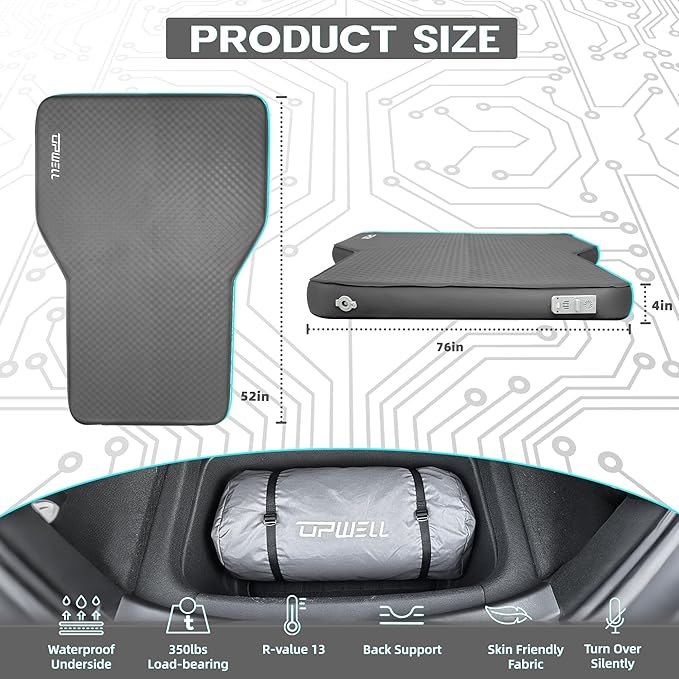 UPWELL Self Inflating Sleeping Pad Truck Camping Thick Mattress for Tesla Model Y Solid Foam 4 Season Car Bed Mattress Portable Roll Up Bed Grey，with air Pump