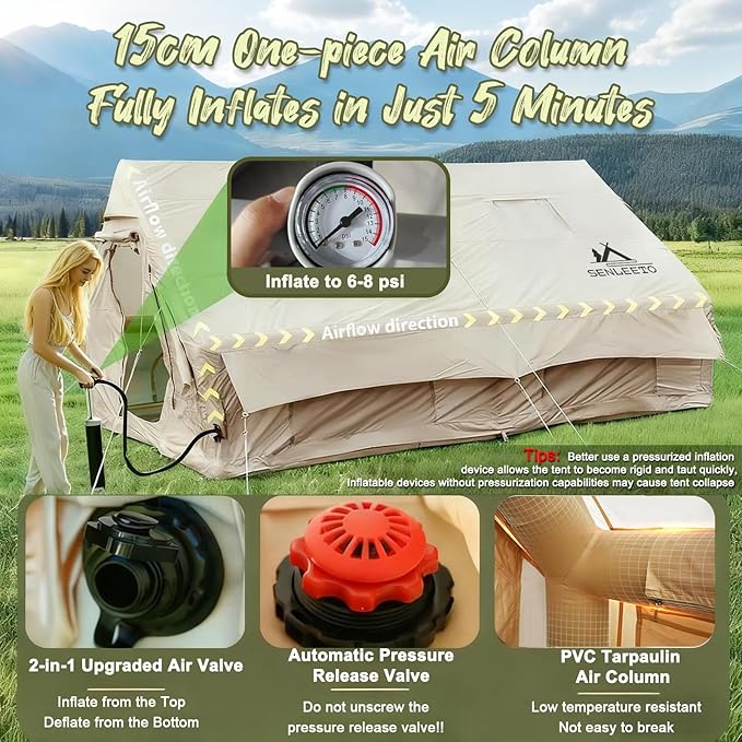 Inflatable Camping Tents 8-10 Person,129 Square Feets Large Inflatable Camping Tent with Stove Jack,Blow up Tent with Mesh Windows & Pump