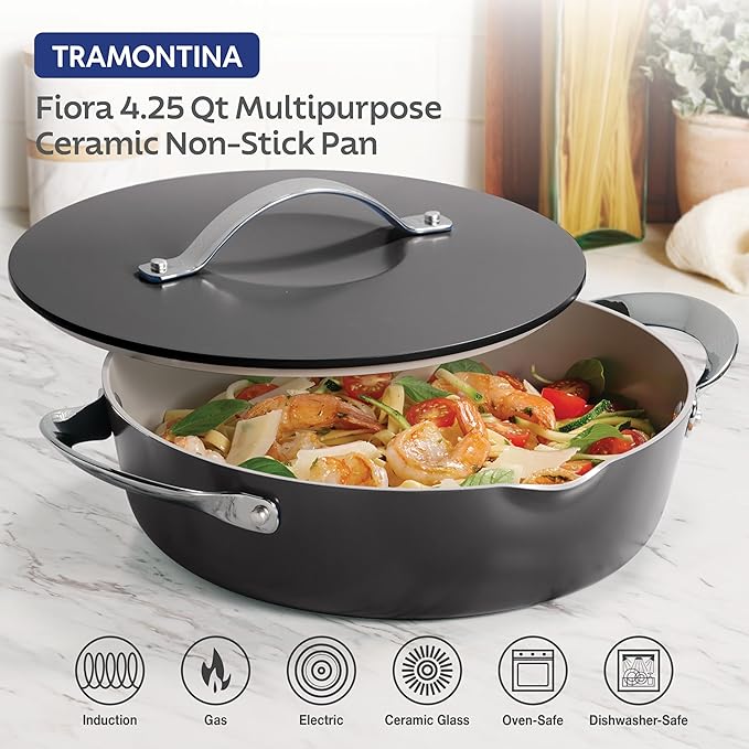Tramontina Fiora 4.25-Quart Multipurpose Ceramic Non Stick Cooking Pan with Lid, Gray