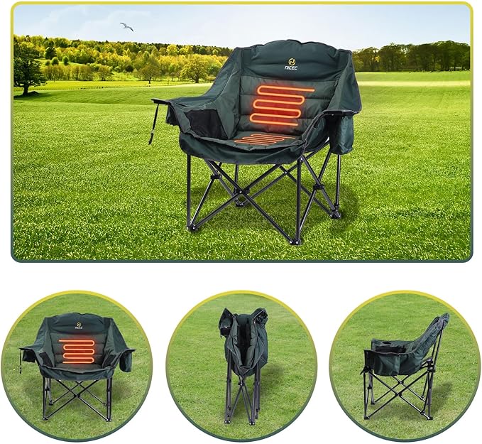 Nice C Heated Camping Chairs with Battery, Outdoor Heated Sports Chair, Oversized XL Padded Camping Chair, Wide&Thick, Heavy Duty 400lb, Carry Bag, Cup Holder & Cooler (Two Green)