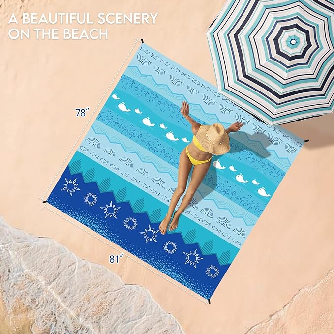 BYDOLL Beach Blanket Waterproof Sandproof Large 78''×81''/10'×9' Sand Free Oversized Sandless Picnic Mat Water Proof Packable Lightweight Blanket for Beach Camping Hiking Travel