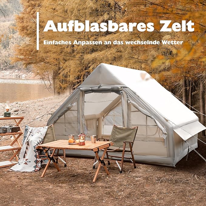 Inflatable Camping Tent, Glamping Inflatable Tent for Camping, 4 Season Water&Windproof Outdoor Oxford Blow Up Cabin Tent with Mesh Windows & Doors for 4-8 People Camping