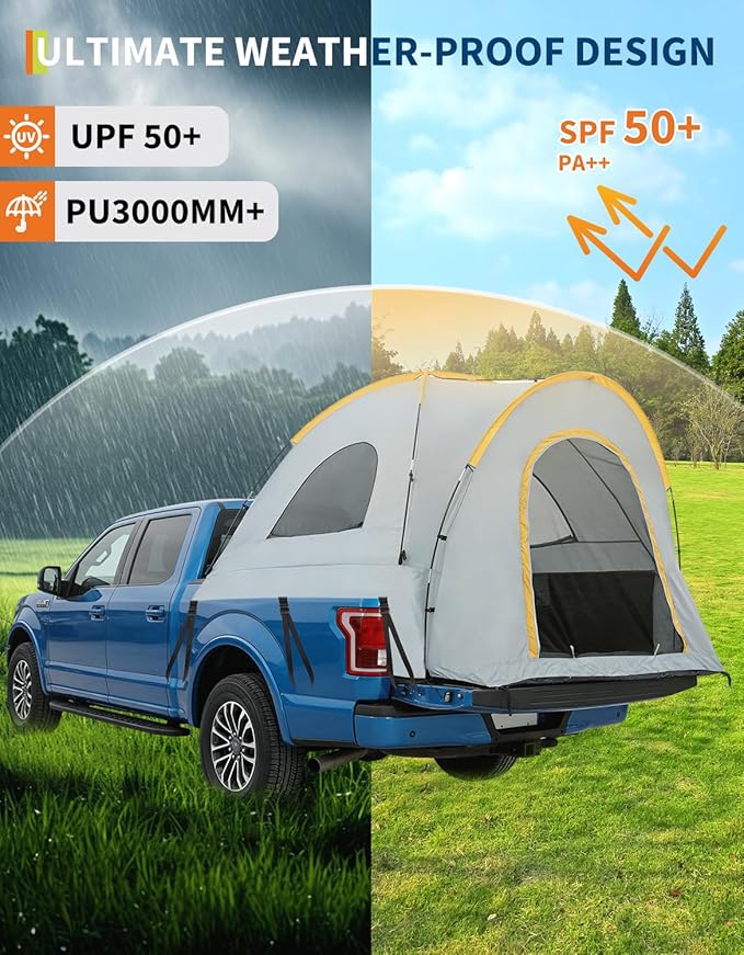 Truck Bed Tent with Awning Pickup Truck Tent for 5–8.2 ft Bed Waterproof PU3000 Oxford Camping Tent Portable Truck Camper for Chevy Silverado 1500 F150 Ram 1500