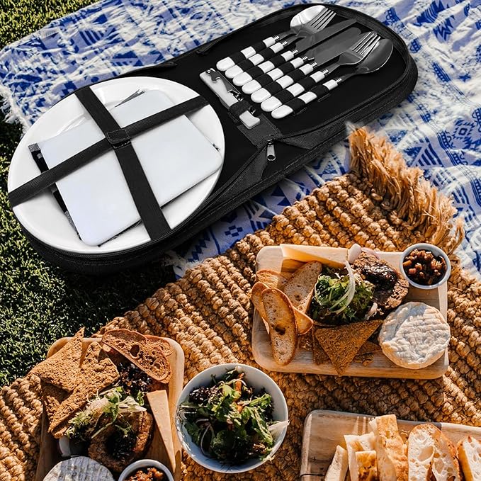 Portable Camping Silverware Utensil Set, 13 Pcs Picnic Mess Kit for 2 Person-Stainless Steel Serrated Knife Spoon Fork Wine Opener Plate Cutting Board Napkin, Camp BBQ Travel Set