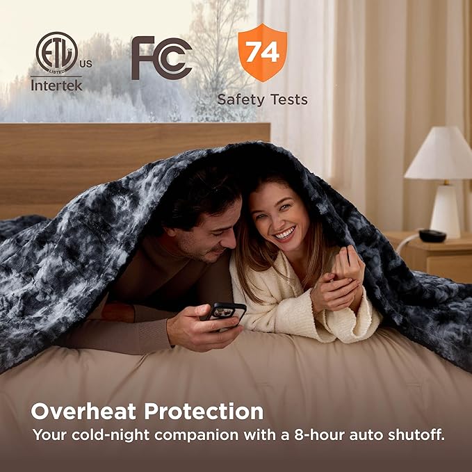 Bedsure Faux Fur Electric Blanket Queen Size, Dual Control Heated Blanket Queen, Fast Heating Blanket with 10 Heating Levels & 10 Time Settings, Cozy Gifts for Women Men (84x90 inches, Black)