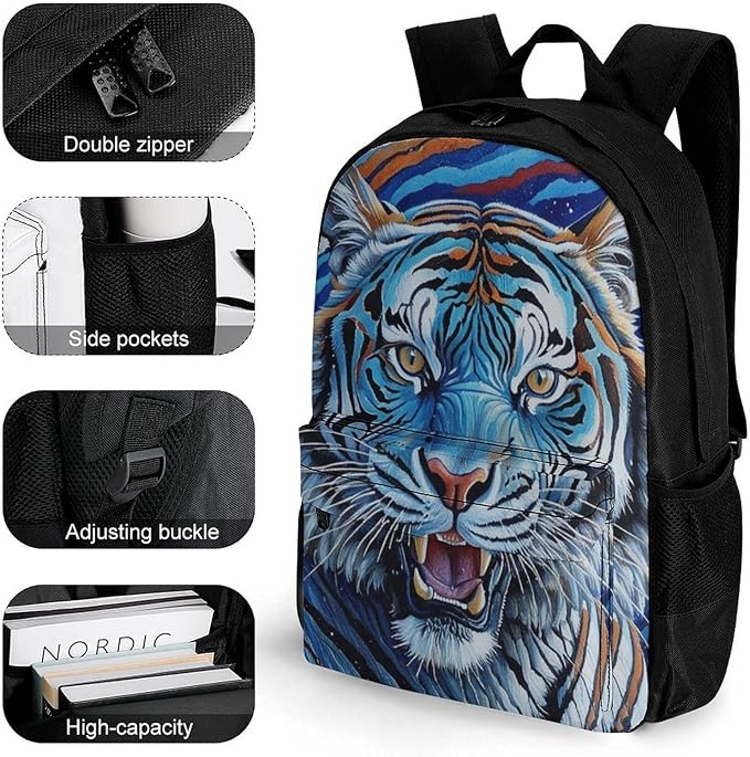 Supdreamc Polyester Daypack for Hiking Work Running, Big Capacity Anti-Theft Multipurpose Shoulder Bag, Starry Sky Cool Siberian Tiger Travel and Sport Backpack Rucksack