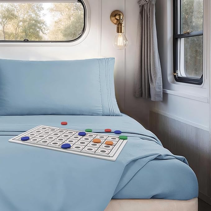 Hearth & Harbor Short Queen Sheets for RV, Stone Blue RV Queen Sheets, Silky Soft 1800 Microfiber Bed Sheet for Camper, 4 Piece RV Bedding with Pillowcases