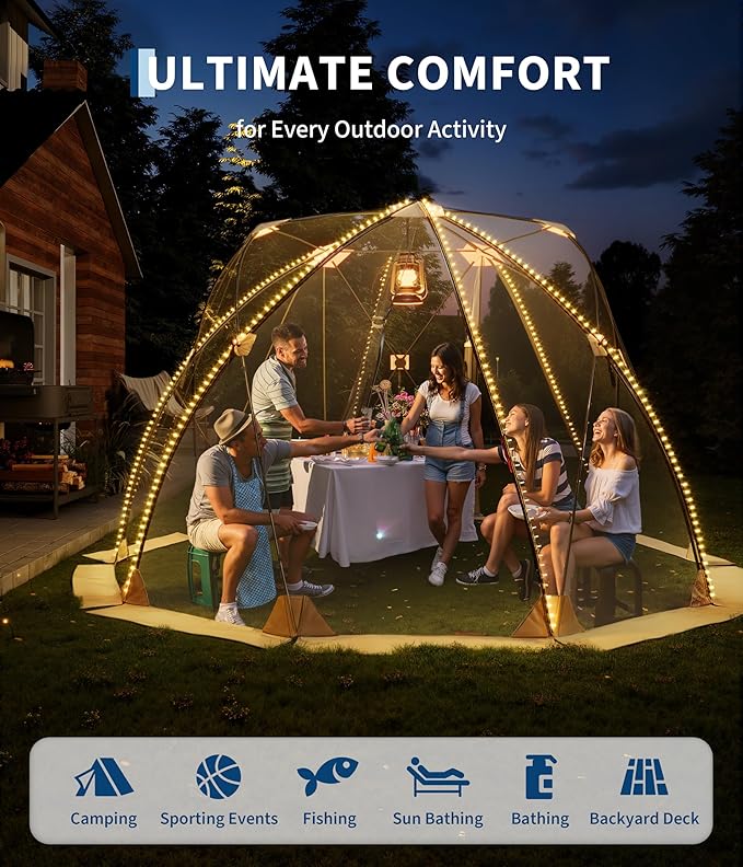 10x10 ft Pop Up Bubble Tent, 4-6 Person Camping Shelter, 540°Degree Fully Transparent, Weather-Resistant Bubble Dome, Portable Design for Outdoor Activities, Sports Events, Fishing