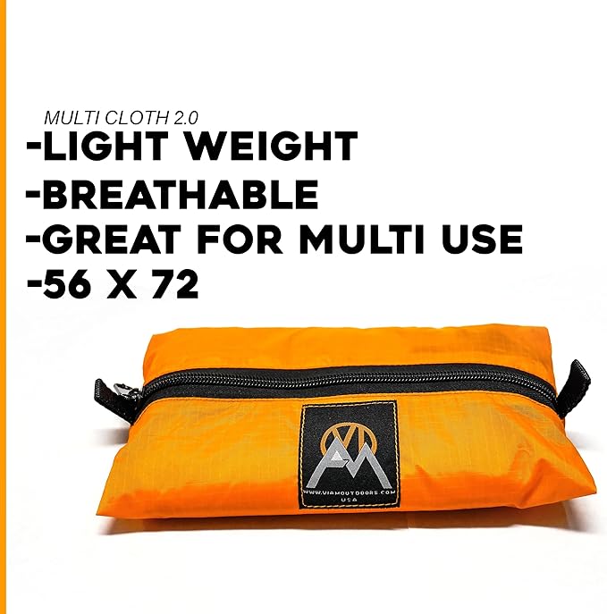 VIAM Outdoors | Multicloth 2.0 Water Resistant Ultralight Lightweight Backpacking Camping Survival and Ground Tarp | 1.9oz Orange | Measures 56 inches by 72 inches | has Stake Loops
