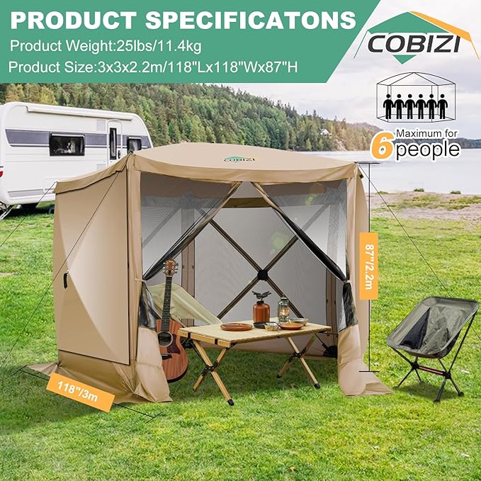 COBIZI 10x10 FT Pop up Gazebo, Popup Canopy Tent, Screened in Gazebos with sidewalls, Waterproof Portable Outdoor Small Screen Tents Sun Shelter,carpas para Patio for Camping,Garden,Backyard,Khaki
