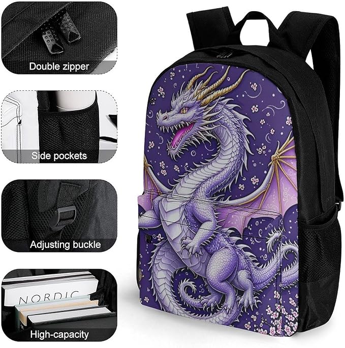 Supdreamc Lightweight Daypack for Camping Business Walking Cycling, Large Capacity Anti-Theft Multipurpose Bookbag, Romantic Music Dragon Cherry Flower Blossom Purple Art Gym Outdoor Hiking Backpack