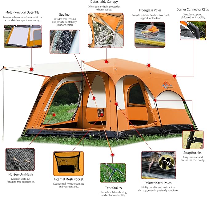 Large Family Standing Upright Camping Tent - 5-12 Persons Multi-Room Waterproof Tent with Screened Porch - Glamping Tent for Outdoor Camping & Family Vacation