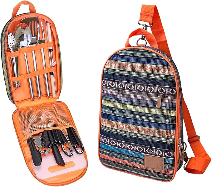 Portable Camping Kitchen Utensil Set-27 Piece Cookware Kit, Stainless Steel Outdoor Cooking and Grilling Utensil Organizer Travel Set Perfect for Travel, Picnics, RVs, Camping, BBQs, Parties and More