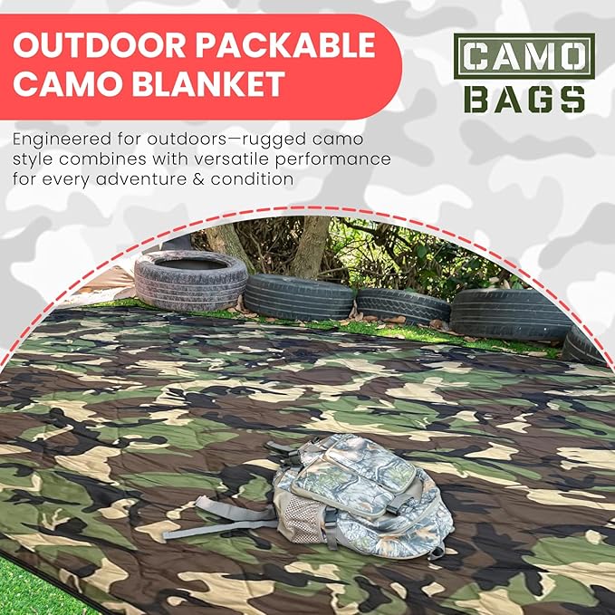 Outdoor Packable Camo Blanket - 1000D Polyester Interior & RIPSTOP Fabric Exterior Blanket with Adjustable & Removable Carrying Strap - Front, Back Storage Pocket - Ideal for Camping & Outdoor Use