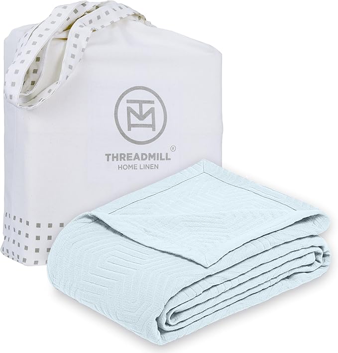 Threadmill Luxury Cotton Blankets for King Size Bed | All-Season Cozy 100% Cotton King Size Blanket | Aster Jacquard Soft & Lightweight Coverlet | Light Blue