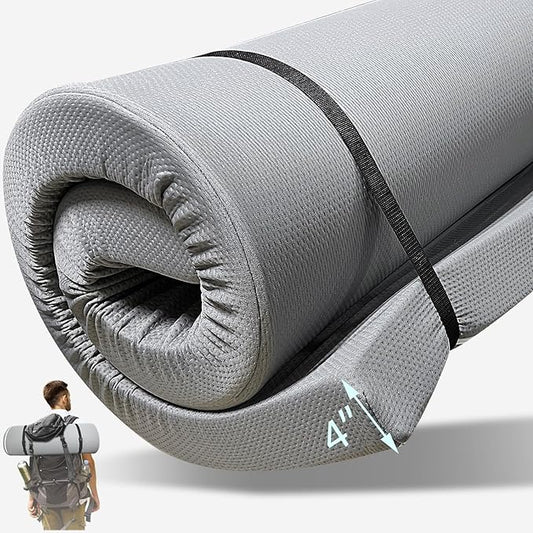 4 INCH Memory Foam Camping Mattress Pad with Water-Resistant Zipper, Roll Up Mattress for Floor, Travel Camping Sleeping Pads for Floor Outdoor Activities, Rvs, Certipur-Us