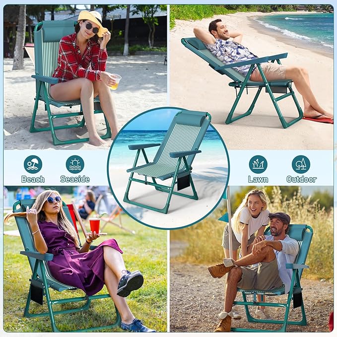 Suteck Backpack Beach Chair for Adults - 6-Position Folding Reclining Chair with Cooler Bag & Cup Holder, Lightweight Portable Beach Chair for Camping, Outdoor, Sand, Travel Use