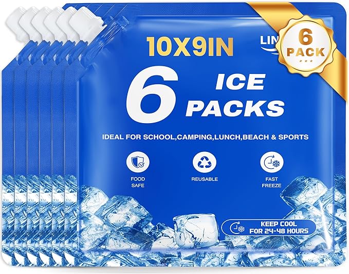 Ice Packs for Cooler 6Pcs 2025 Upgrades Freezer Lunch Boxes Reusable Coolers Shock Wheels Long Lasting Dry Pack Large Cold Blocks Accessories Cubes Slim Box Flat Camping Essentials 10x9x1 In