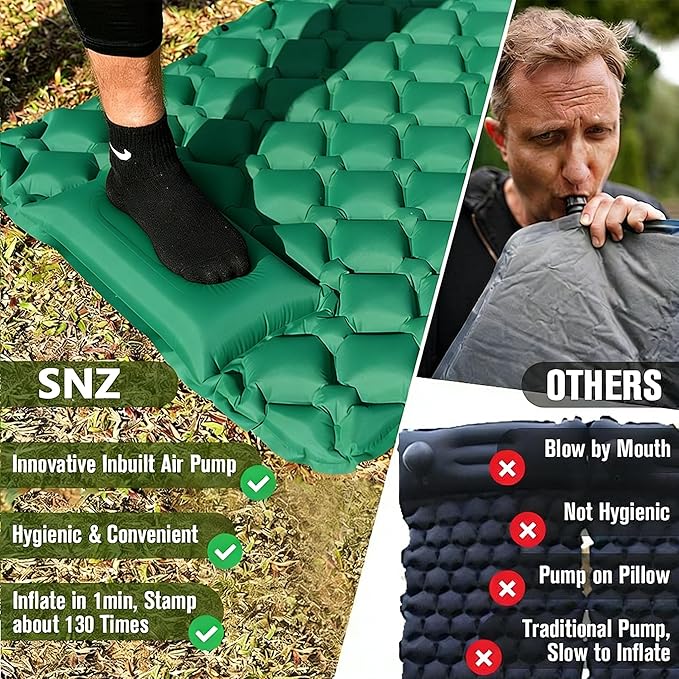 SNZ Camping Sleeping Pad, Ultralight Camping Mat with Pillow, Built-in Foot Pump Inflatable Sleeping Pads Compact for Backpacking, Tent, Travel, Outdoor Activities (Single)